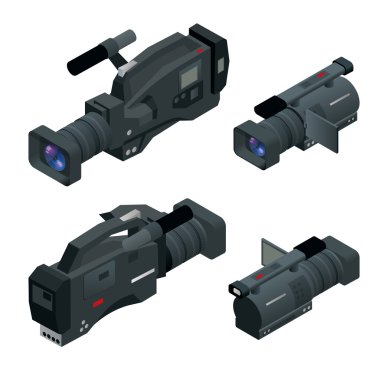 Profesyonel dijital video kamera seti. Film lensi, televizyon kamerası. Düz 3d isometrik illüstrasyon.