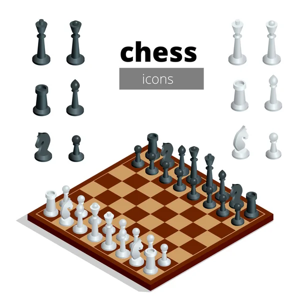 Icônes d'échecs. Illustration vectorielle isométrique 3D plate. Plateau blanc avec des figures d'échecs dessus. Intelligent, jeu stratégique . — Image vectorielle