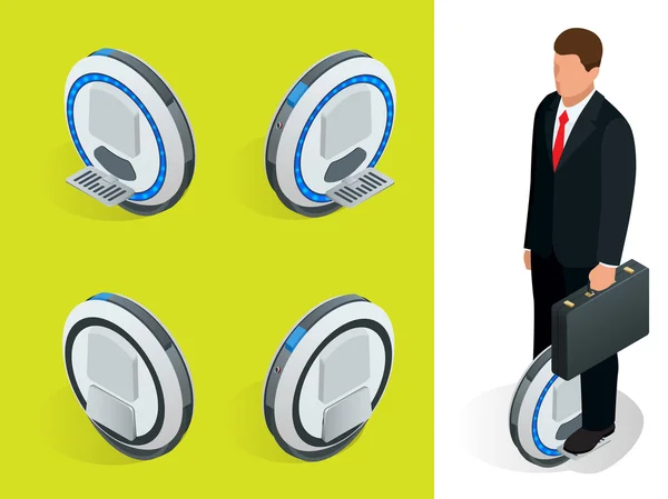 Bussiness uomo su una ruota Auto-bilanciamento elettrico scooter vettoriale illustrazioni isometriche. Strumento di trasporto personale intelligente e alla moda con funzione interattiva. Conciso, alla moda . — Vettoriale Stock