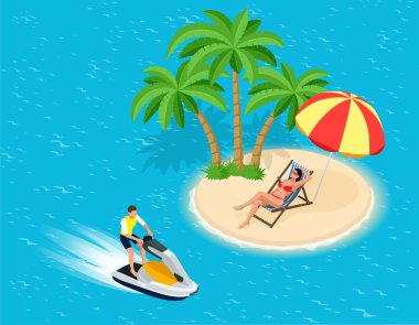 Jet Ski 'deki genç adam, Tropikal Okyanus. Yaratıcı tatil konsepti. Su sporları. Okyanusta eğlence, Ekstrem Spor, su kayağı düz 3D vektör izometrik illüstrasyon.