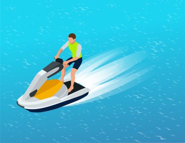 Jet Ski 'deki genç adam, Tropikal Okyanus. Yaratıcı tatil konsepti. Su sporları. Okyanusta eğlence, Ekstrem Spor, su kayağı düz 3D vektör izometrik illüstrasyon.