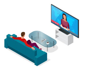 Genç adam kanepede oturmuş televizyon izliyor, kanal değiştiriyor. Düz 3d vektör izometrik illüstrasyon.