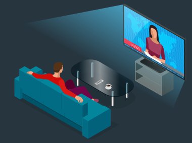 Genç adam kanepede oturmuş televizyon izliyor, kanal değiştiriyor. Düz 3d vektör izometrik illüstrasyon.