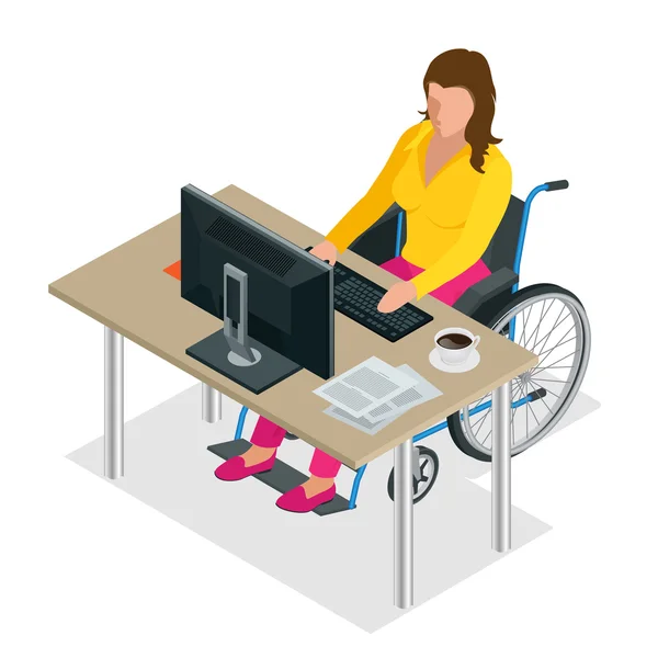 Mujer discapacitada en silla de ruedas en una oficina trabajando en una computadora. Ilustración plana 3d vector isométrico. Día Internacional de las Personas con Discapacidad . — Vector de stock