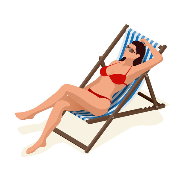 Женщина в белом бикини, лежащая на солнцезащитном креме, загорает на солнце. Плоская 3d-векторная изометрическая иллюстрация
