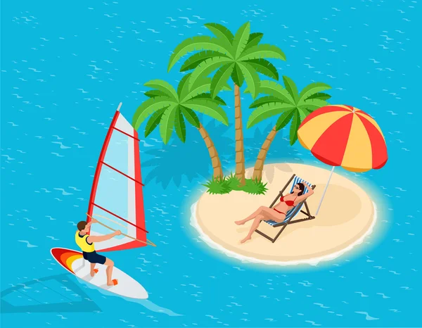 Windsurf en una tabla para windsurf. Concepto creativo de vacaciones. Deportes acuáticos. Windsurf, Diversión en el océano, Deportes extremos, Icono de windsurf, Windsurf plano 3d vector isométrica ilustración . — Archivo Imágenes Vectoriales