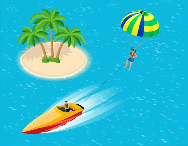Man parasailing with parachute behind the motor boat. Creative vacation concept. Water Sports. Parachute sailing, Fun in the ocean, Extreme Sport on beach. Flat 3d vector isometric illustration. — Stock Vector