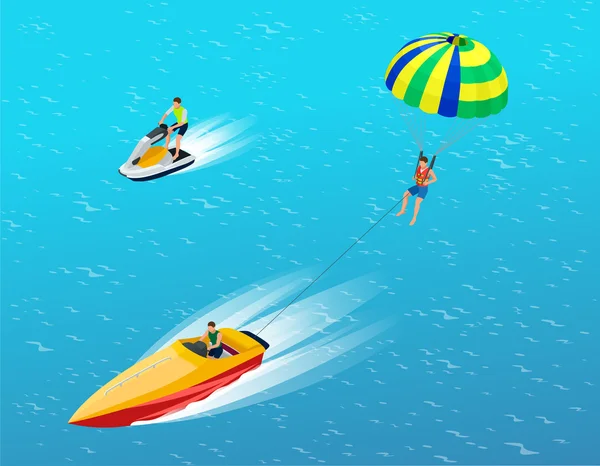 Uomo parasailing con paracadute dietro la barca a motore. Concetto di vacanza creativa. Sport acquatici. Paracadute vela, Divertimento in mare, Sport estremo sulla spiaggia. Illustrazione isometrica piatta del vettore 3d . — Vettoriale Stock