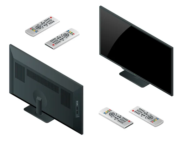 TV síkképernyős LCD, plazma reális vektor illusztráció, TV-gúnyolódni. Fekete HD monitor mockup. Modern video panel fekete képernyő modell szélesvásznú jeleníti meg az üzleti bemutatót síkképernyős TV-készülék — Stock Vector