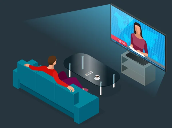Jovem sentado no sofá a ver televisão, a mudar de canal. Ilustração isométrica plana do vetor 3d . —  Vetores de Stock
