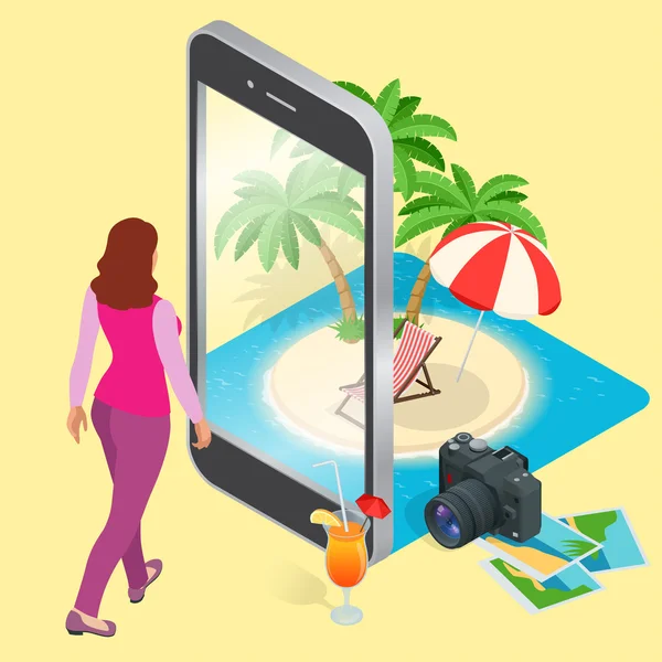 Современная векторная концепция путешествий, бронирование онлайн, планирование летнего отдыха. Бронирование авиабилетов через мобильное приложение - макет витрины. Плоская 3d-векторная изометрическая иллюстрация . — стоковый вектор