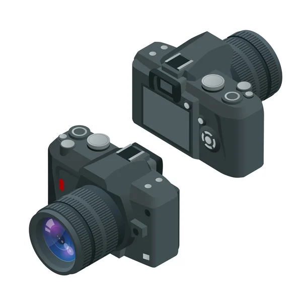 Cámara fotográfica digital. Cámara SLR. Ilustración isométrica plana del vector 3d de la cámara — Vector de stock