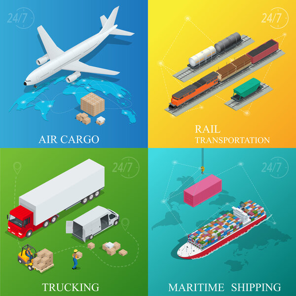 Global logistics network. Flat 3d isometric vector illustration. Set of air cargo trucking rail transportation maritime shipping. On-time delivery Vehicles designed to carry large numbers cargo.