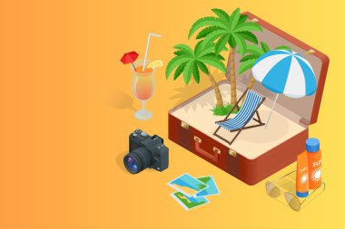 Yaz tatili gezisi. Yaz tatili için seyahat. Tatil. Yola gidiyoruz. Turizm. Seyahat afiş. Simge yapılar ile açık bavul. Yolculuk. 3D izometrik çizimde seyahat.