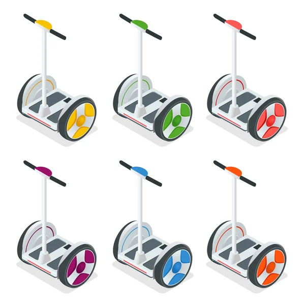 Tweewielige zelfbalancerende elektrische scooter isometrische vectorillustraties. Intelligente en modieuze persoonlijke vervoer tool met interactieve functie. Beknopte, fashionable, fatsoenlijk en elegant — Stockvector