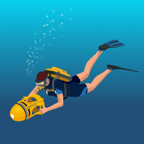 Ilustración isométrica diverflat del buceo El buzo de la gente submarina aisló y el buzo aisló el deporte extremo del buceo. Deportes acuáticos actividad vacacional ocio . — Vector de stock