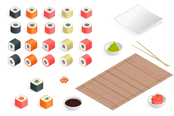 Grand ensemble de différents types de sushis isolés sur fond blanc. Les sushis roulent la nourriture plate et les sushis japonais aux fruits de mer. Illustration vectorielle 3D plane isométrique . — Image vectorielle