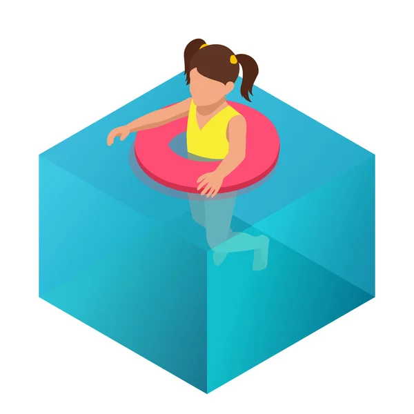 Liten flicka simma i uppblåsbar ring. Platt 3d vektor isometrisk illustration. — Stock vektor