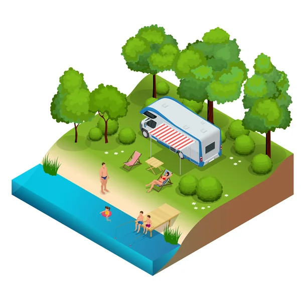 RV camper in camping, familie vakantie reizen, vakantiereis in camper platte 3d isometrische illustratie vector. — Stockvector