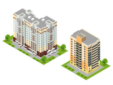 İzometrik düz 3d şehir binaları illüstrasyon vektör.