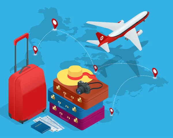Táskák, útlevél, foto kamera utazási és utazási jegy és a repülőgép az égen. Izometrikus sík 3d vektoros illusztráció. — Stock Vector