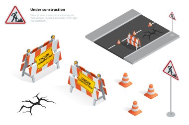 İnşaat yol işaret altında yol tamir, onarım, bakım ve kaldırım inşaatı, yol işareti ile karşı turuncu ışıklar kapalı. Düz 3d izometrik çizim vektör.