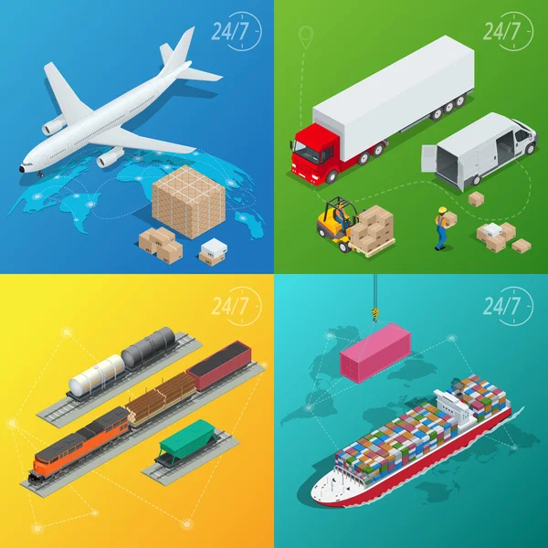 Flat style vector illustration delivery service concept. International delivery and worldwide postage. On-time delivery. Emailing and online shopping. Flat 3d isometric vector illustration — Stock Vector