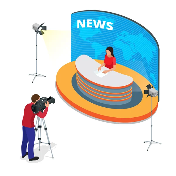 Breaking news reportage and press conference. Journalist interview an analyst. Flat 3d vector isometric illustration. — Stock Vector