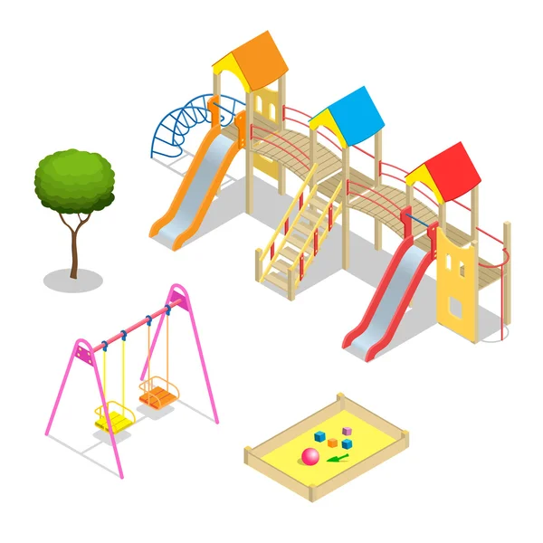 Zona de juegos. Elementos del tema de la diapositiva del patio. Conjunto de iconos del patio de juegos para niños isométricos. Plano 3d vector isométrico de alta calidad juego de iconos de patio — Vector de stock