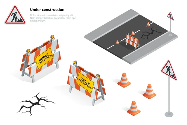 Réparation de la route, en cours de construction panneau routier, Réparations, l'entretien et la construction de la chaussée, Panneau fermé de la route avec feux orange contre. Illustration isométrique vectorielle 3D plate . — Image vectorielle