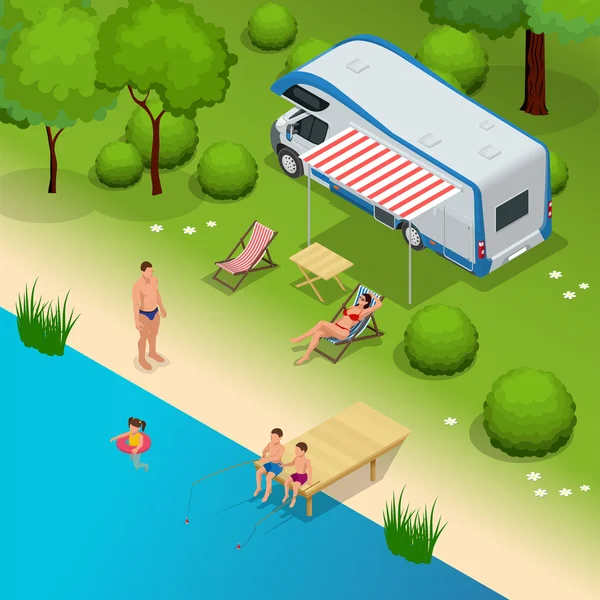 Rv camper im camping, familie urlaub reisen, ferienreise im reisemobil flach 3d vektor isometrische illustration. — Stockvektor