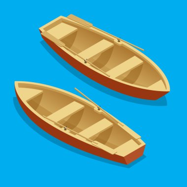 Rowing boat set. Wooden boat with paddles isolated. Flat 3d isometric vector illustration. clipart