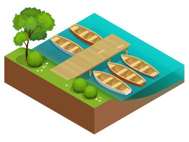 Wooden rowing boats on a wooden pier.  Wooden boat with paddles. Flat 3d isometric vector illustration. clipart