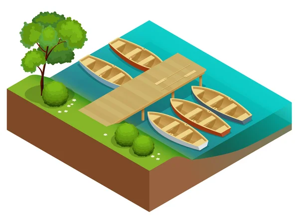 Botes de remo de madera en un muelle de madera. Barco de madera con paletas. Ilustración plana 3d vector isométrico . — Vector de stock