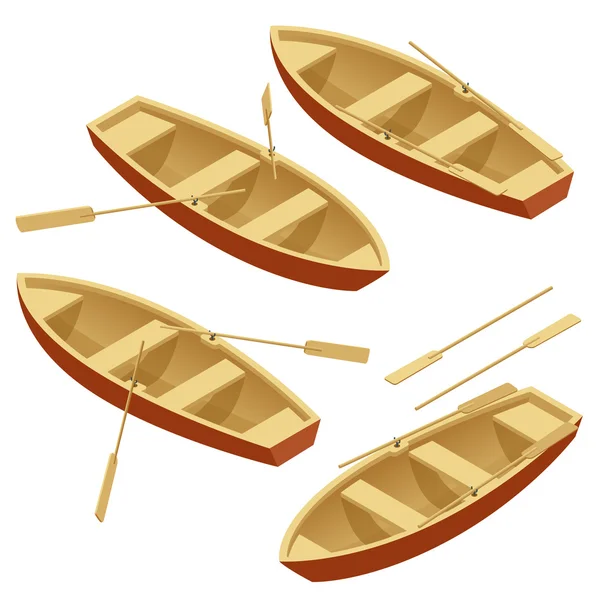 Roeiboot instellen. Houten boot met peddels geïsoleerd over wit. Platte 3d isometrische vectorillustratie. — Stockvector