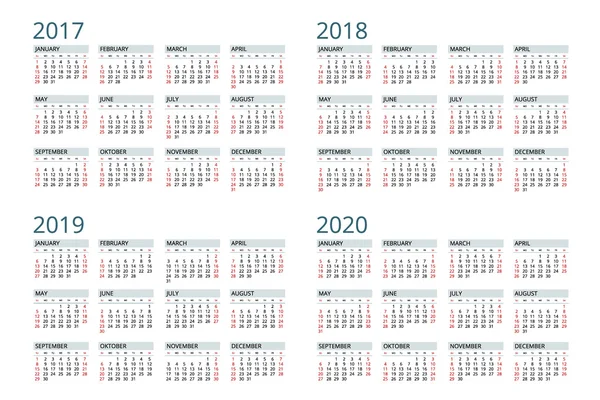 Kalender for 2017, 2018, 2019, 2020. Uken begynner på søndag. Enkel vektorutforming . – stockvektor