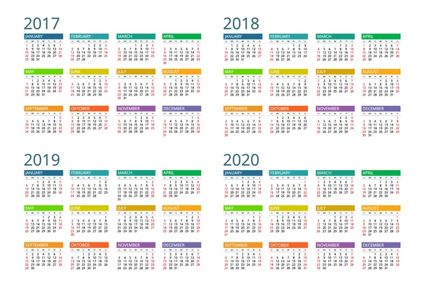 Calendar for 2017, 2018, 2019, 2020. Week Starts Sunday. Simple Vector  design. — Stock Vector