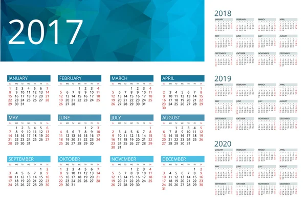Kalendář pro 2017, 2018, 2019, 2020. Týden začíná neděle. Jednoduchý design vektor. — Stockový vektor