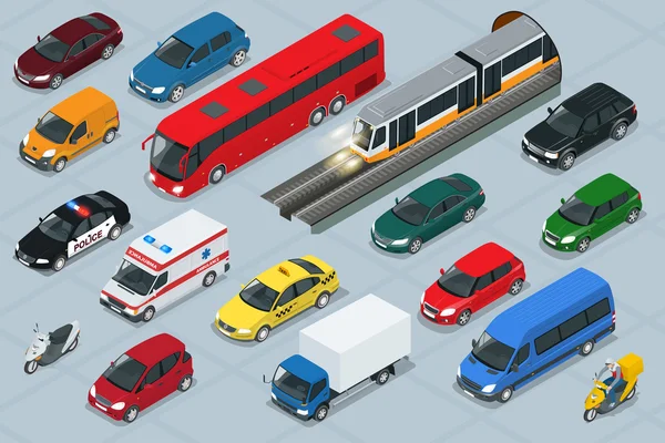 Auto iconen. Platte 3D Isometrische hoge kwaliteit City transport auto icon set. Auto, busje, vrachtwagen, Off-Road, bus, scooter, motor, ruiters. Transport set. Set stedelijk openbaar en goederenvervoer. — Stockvector