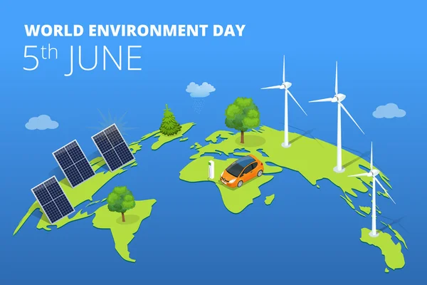 World environment day concept.  Saving nature and ecology concept. Vector linear trees, electric car, alternative energy generators. Design for save earth day. — Stock Vector