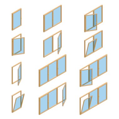 Vector collection of various windows types. For interior and exterior use. Flat 3d vector isometric style.