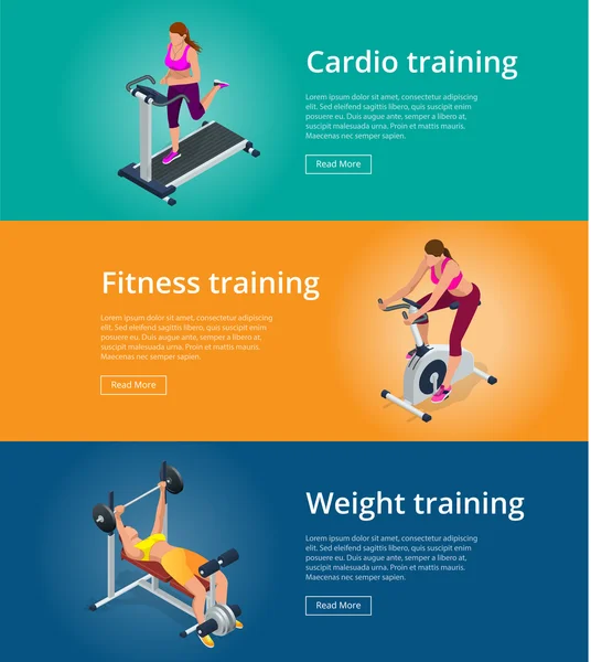 Banner set Fitness woman working out on exercise bike, Young woman with barbell flexing muscles, Pretty girl working out in a treadmill at the gym. Flat 3d isometric vector illustration — Stock Vector
