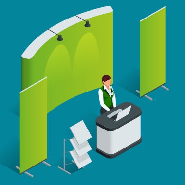 Promosyon sayacı seti. Ticaret standı. Boş vektör posteri. Düz 3d vektör isometrik illüstrasyon.