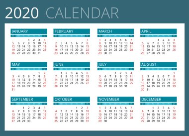 Calendar for 2020. Week Starts Sunday. Simple Vector design.