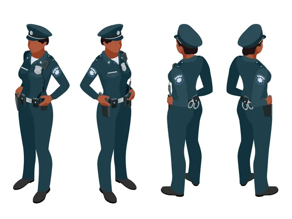 Mujer policía de uniforme. Icono de mujer policía. Policía mujer vector. Mujer policía isométrica . — Vector de stock