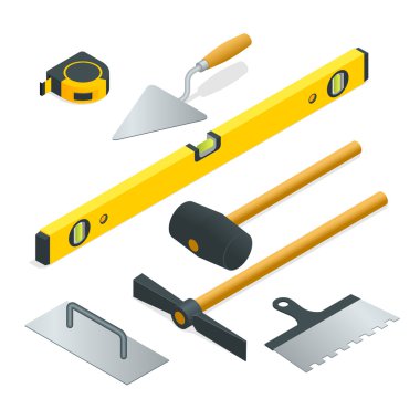 Collection of most common types of masonry tools. Flat 3d isometric vector illustration.