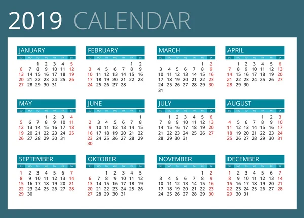 Calendar for 2019. Week Starts Sunday. Simple Vector design. — Stock Vector