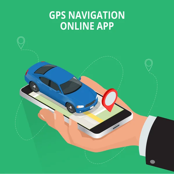 모바일 GPS 네비게이션, 여행 및 관광 개념. 자동차에서 휴대 전화에서지도를보고 GPS 좌표를 검색 할 수 있습니다. 플랫 3D 벡터 등각투영 그림. — 스톡 벡터