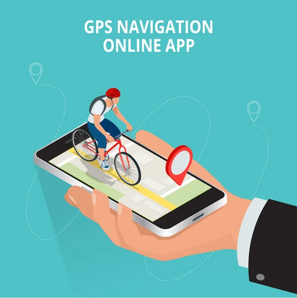 Navegação GPS móvel, viagens e turismo conceito. Veja um mapa no celular em bicicleta e procure coordenadas GPS. Ilustração isométrica vetorial 3D plana . —  Vetores de Stock