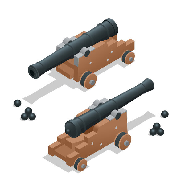 Ancient cannon with cannon balls. Artillery gun.  Old cannon Flat 3d vector isometric illustration